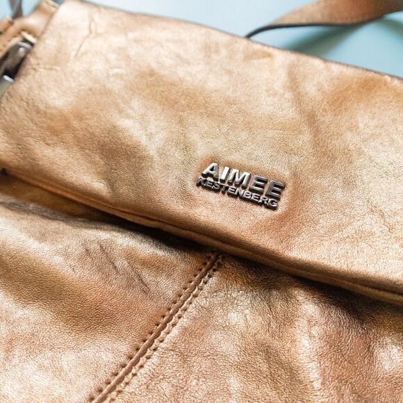 Aimee Kestenberg Bali Crossbody Gold Bronze Metallic Foldover Zip Medium Purse - Picture 2 of 9